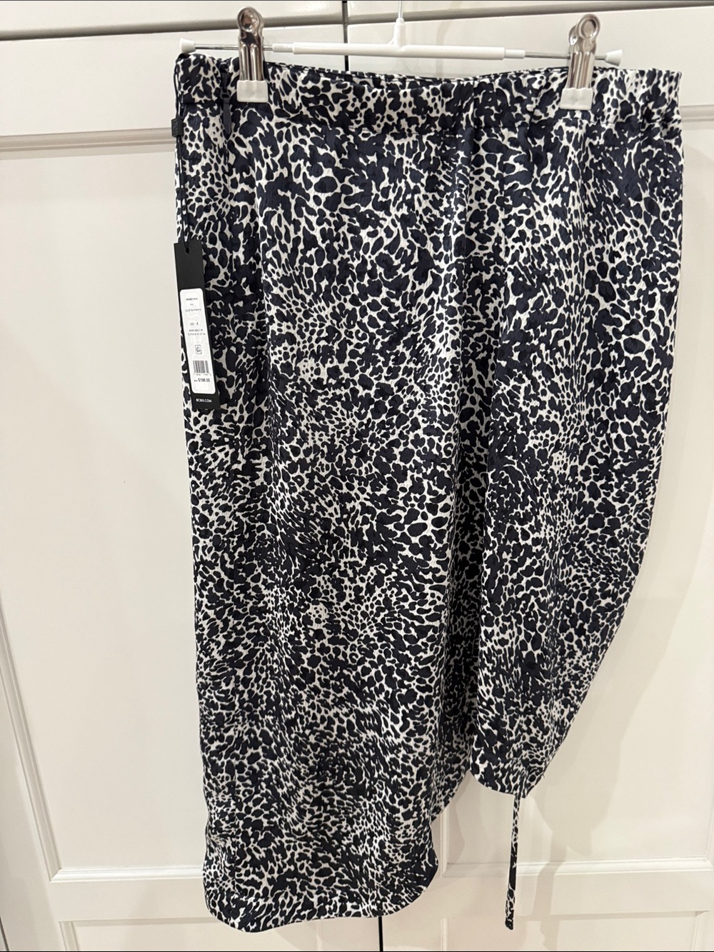 BCBG Black and White Asymmetrical Animal-Print Skirt with Side Drawstring